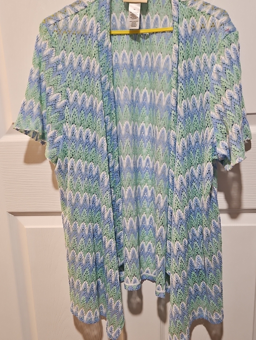 Alfred Dunner Pastel Blue, Mint & White Open Knit Cardigan